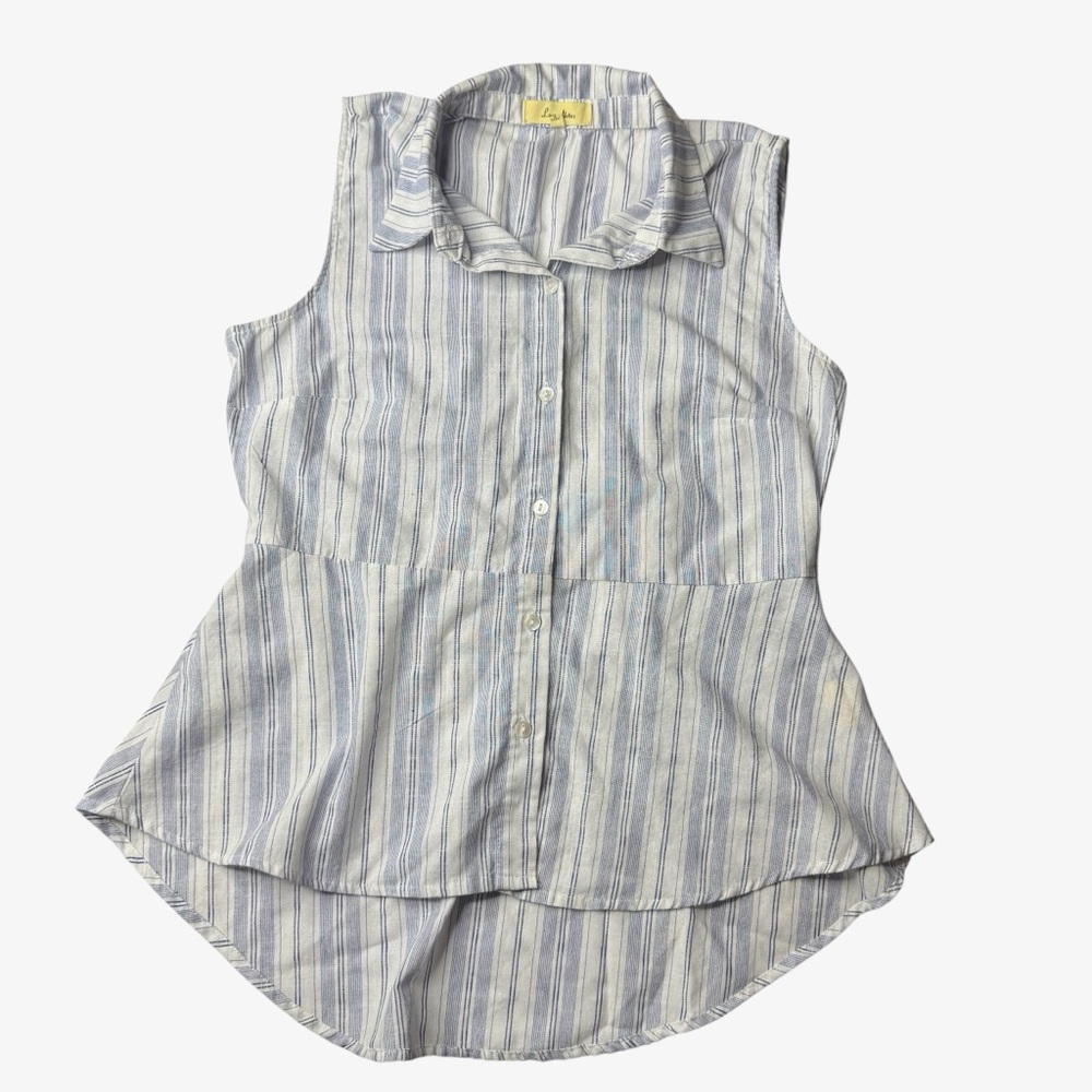 Love Notes Women's Cotton Striped Button up Sleeveless Peplum Blouse Blue Size M